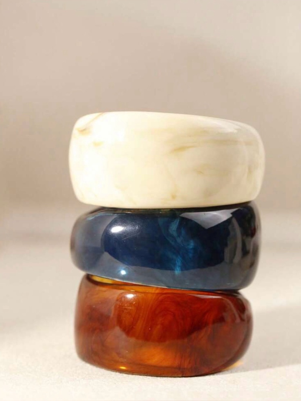 Three-Piece Resin Stackable Bracelets — Cream, Blue & Amber